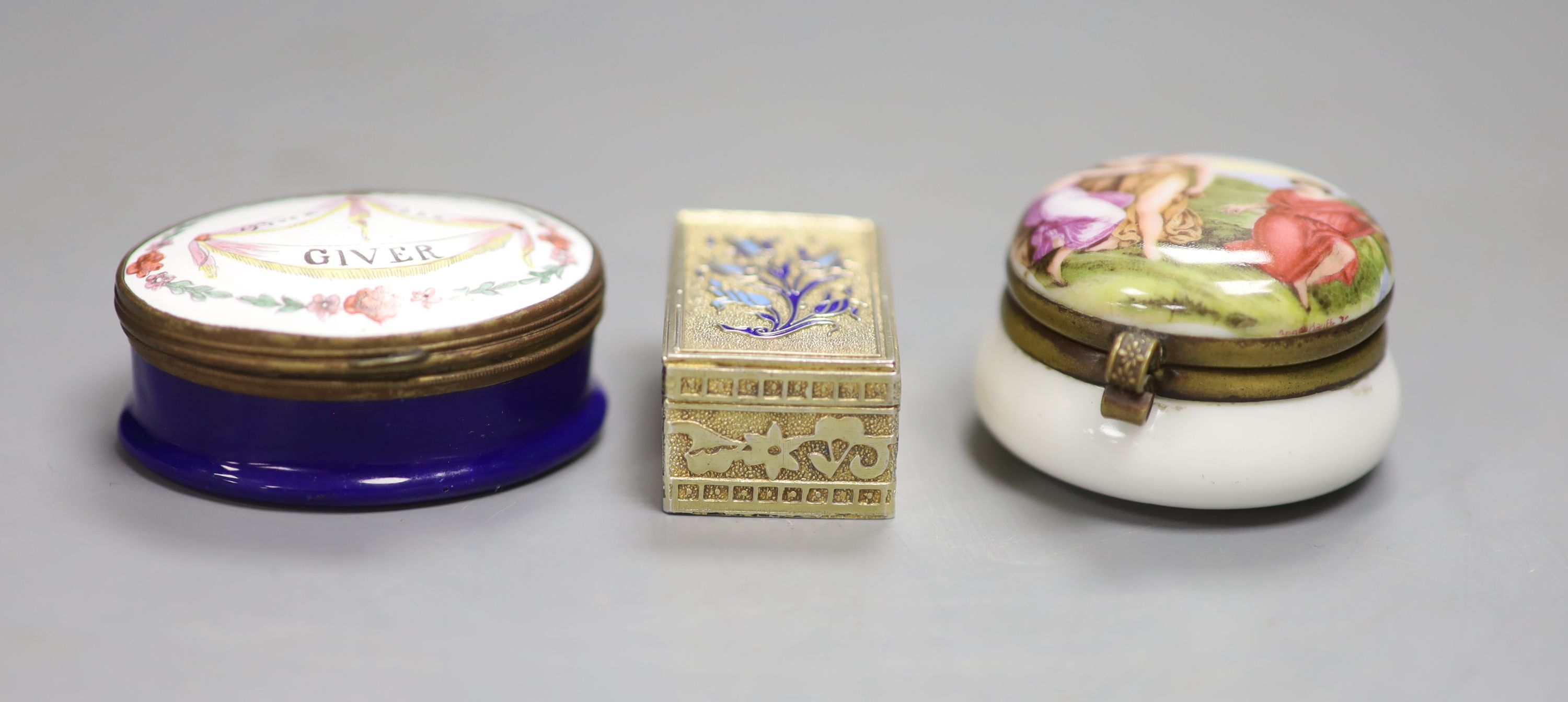 A 900 silver and enamel patch box, a Bilston-type oval enamel patch box, Esteem the Giver and another patch box,